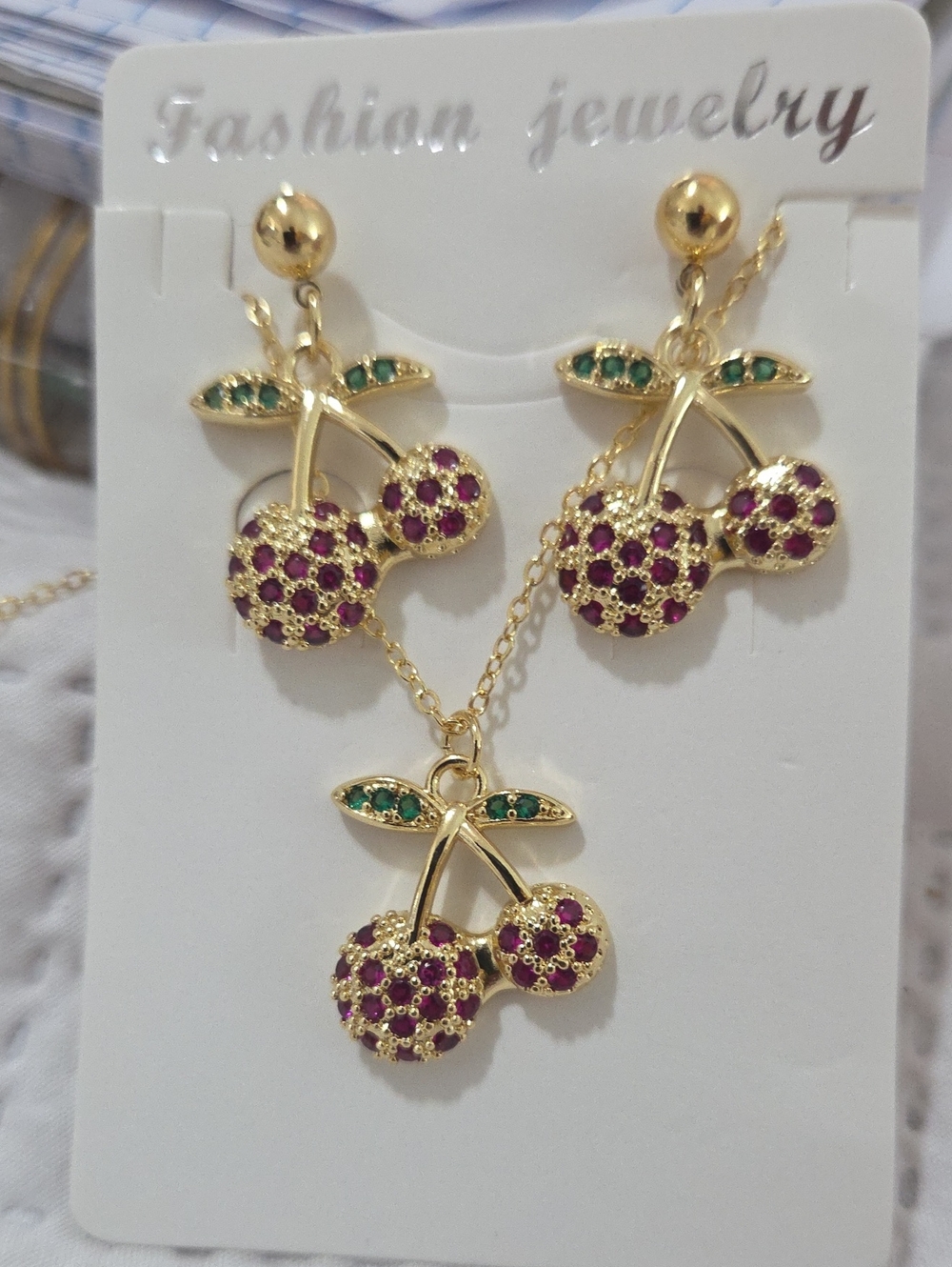 14K Laminated Gold Fashion Jewelry Gold Cherry Earring and Pendant Set